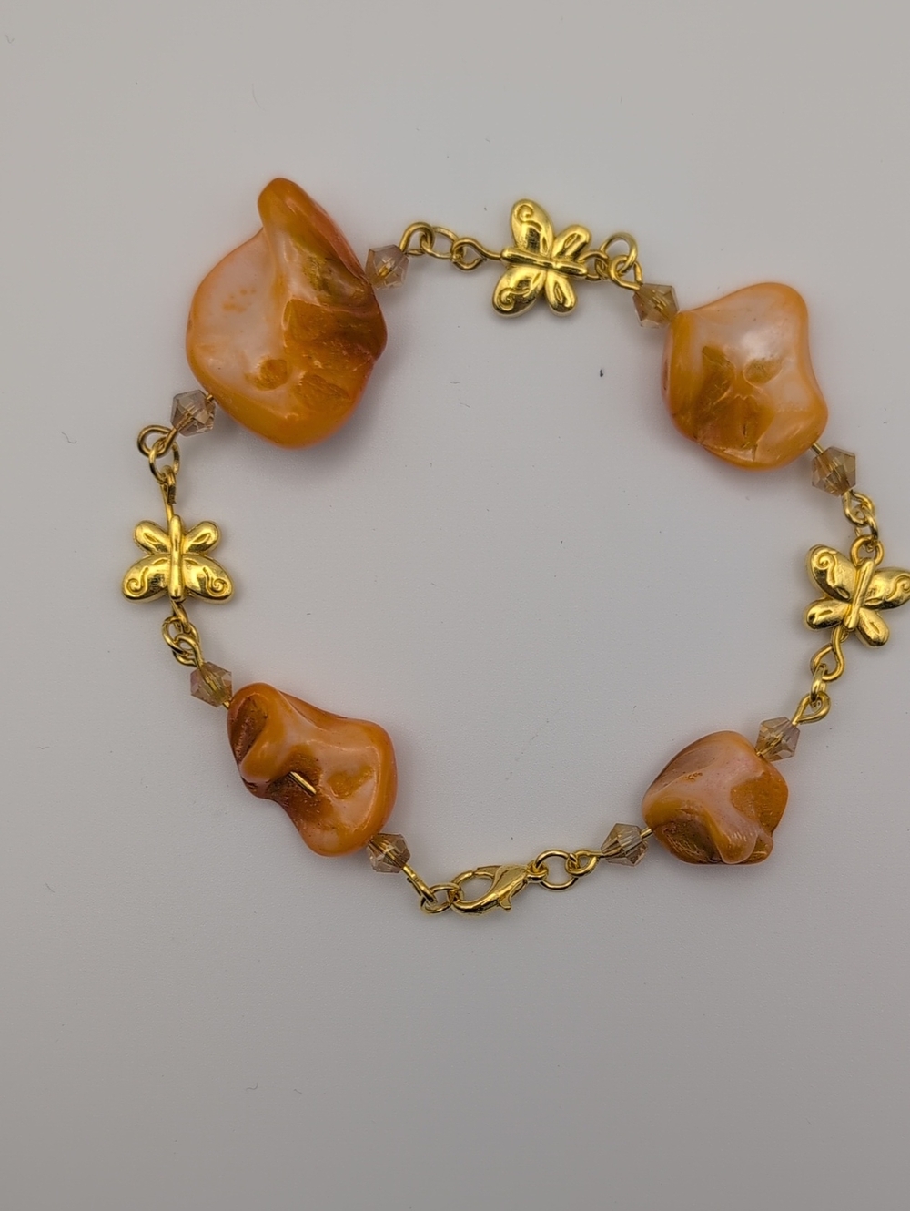 Handmade Gold Tone Butterfly & Orange Shell Bead Bracelet Fits 7"
